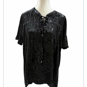 POL Black Crushed Velvet Lace-Up Women's Top